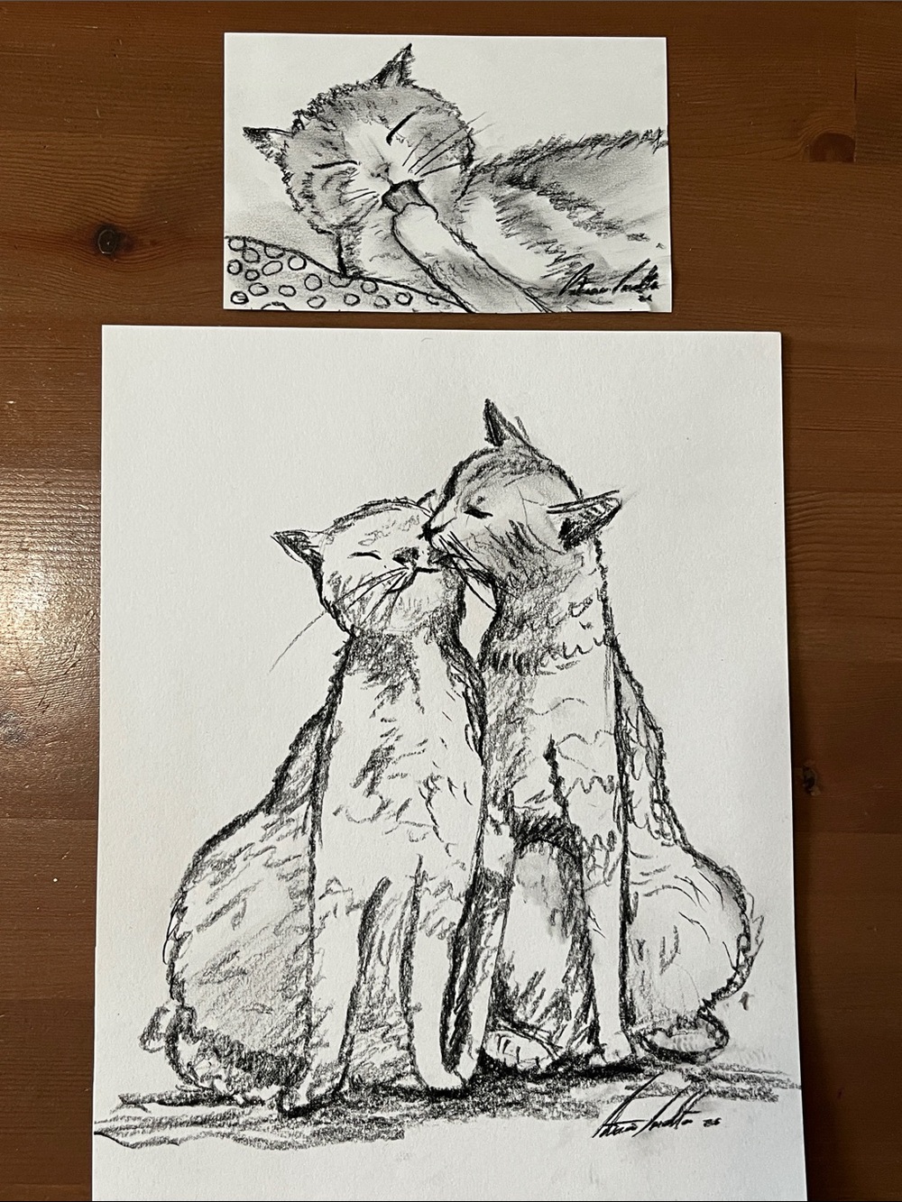 Two Original Cats Art Drawing - Pets Cat Wall Decor